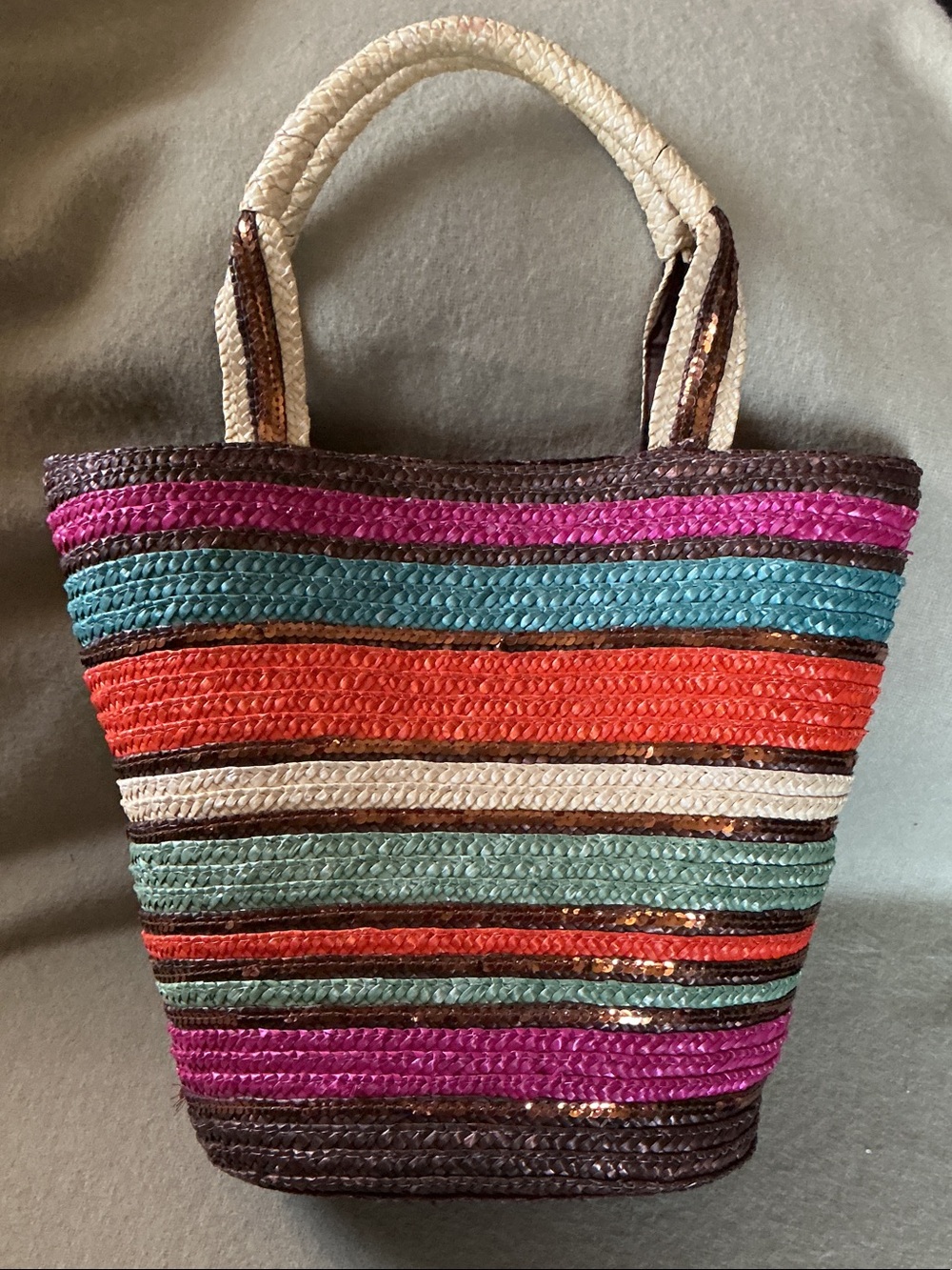 Striped Multicolor Woven Tote Bag - Cream, Teal, Orange, Pink